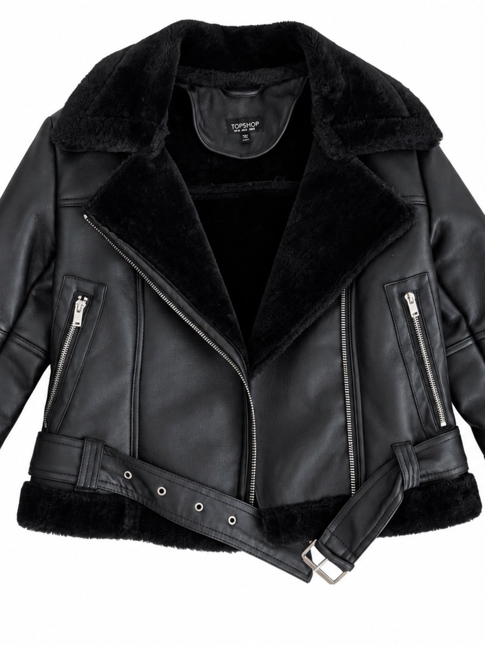Topshop Black Faux Leather Shearling Moto Jacket